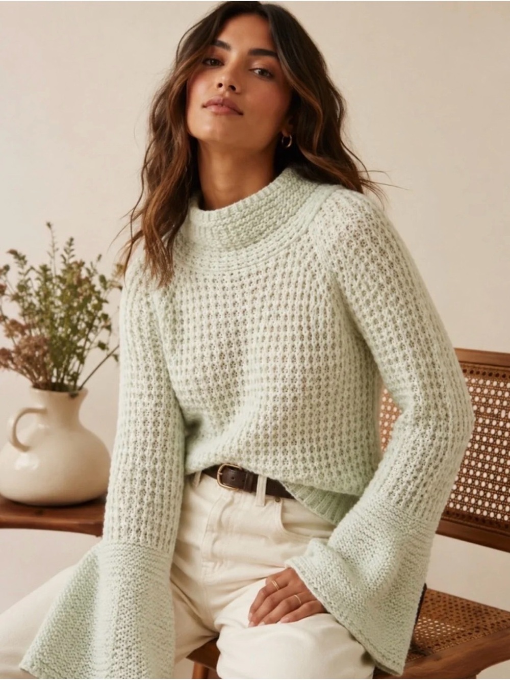 Maeve mint green Waffle Cowl-Neck Sweater